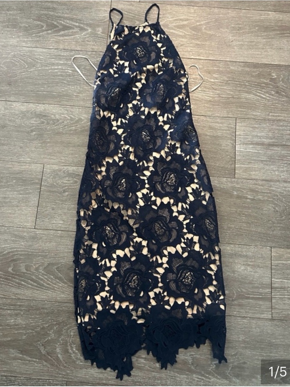 Macy’s Navy Floral Lace Overlay Halter Dress